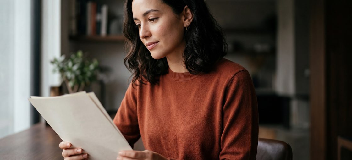 A woman sitting at a dining table by a window, holding a small stack of printed pages and reading the top one.